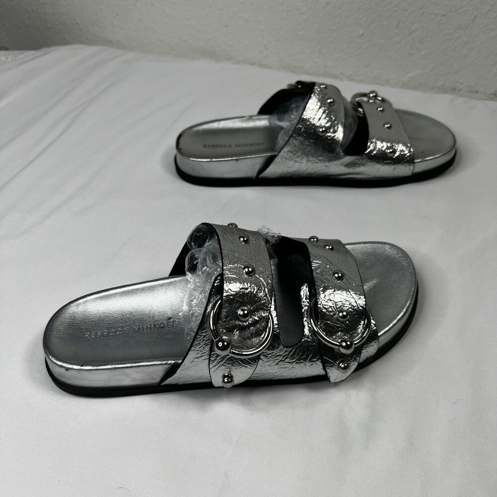 Rebecca Minkoff Vachel Metallic Buckled Slides In Silver Sandals 9 - Picture 5 of 15
